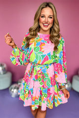 Green Multicolor Botanical Bubble Sleeve Mini Dress Floral Dresses JT's Designer Fashion