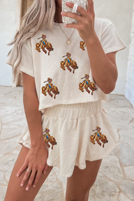 Beige Sequined Rodeo Cropped Tee and Skort Set Beige 75%Polyester+20%Cotton+5%Elastane Graphic Sets JT's Designer Fashion