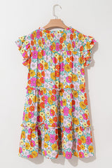 Sky Blue Floral Print Smocked Notch V Neck Flutter Sleeve Mini Dress Floral Dresses JT's Designer Fashion