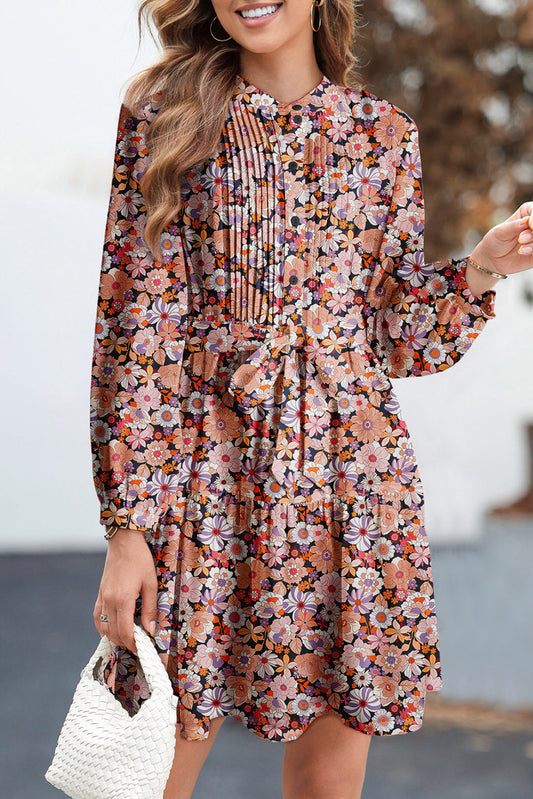 Multicolour Floral Print Long Sleeve Pleated Detail Bleted Mini Dress Multicolour 100%Polyester Mini Dresses JT's Designer Fashion