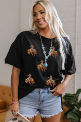 Black Western Horse Patched Crew Neck Graphic T Shirt Graphic Tees JT's Designer Fashion