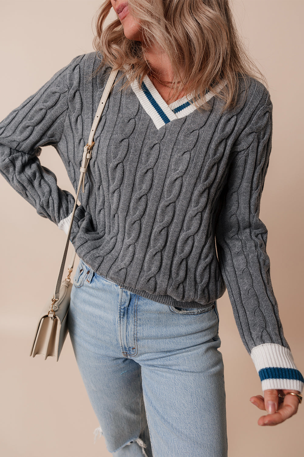 Medium Grey Color Contrast Ribbed Edge Cable Knit V Neck Sweater Sweaters JT's Designer Fashion