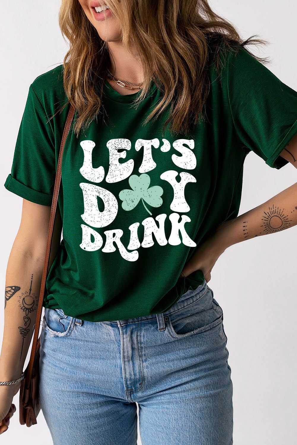 Green Lets Day Drink Clover Print Round Neck T Shirt Graphic Tees JT's Designer Fashion