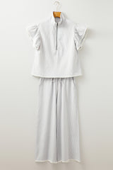 Gray Stripe Zipped up Collar Ruffled Sleeve Tee and Wide Leg Pants 2pcs Outfit Pant Sets JT's Designer Fashion
