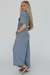 Beau Blue Half Placket Chest Pockets Short Sleeve Wide Leg Jumpsuit Jumpsuits & Rompers JT's Designer Fashion