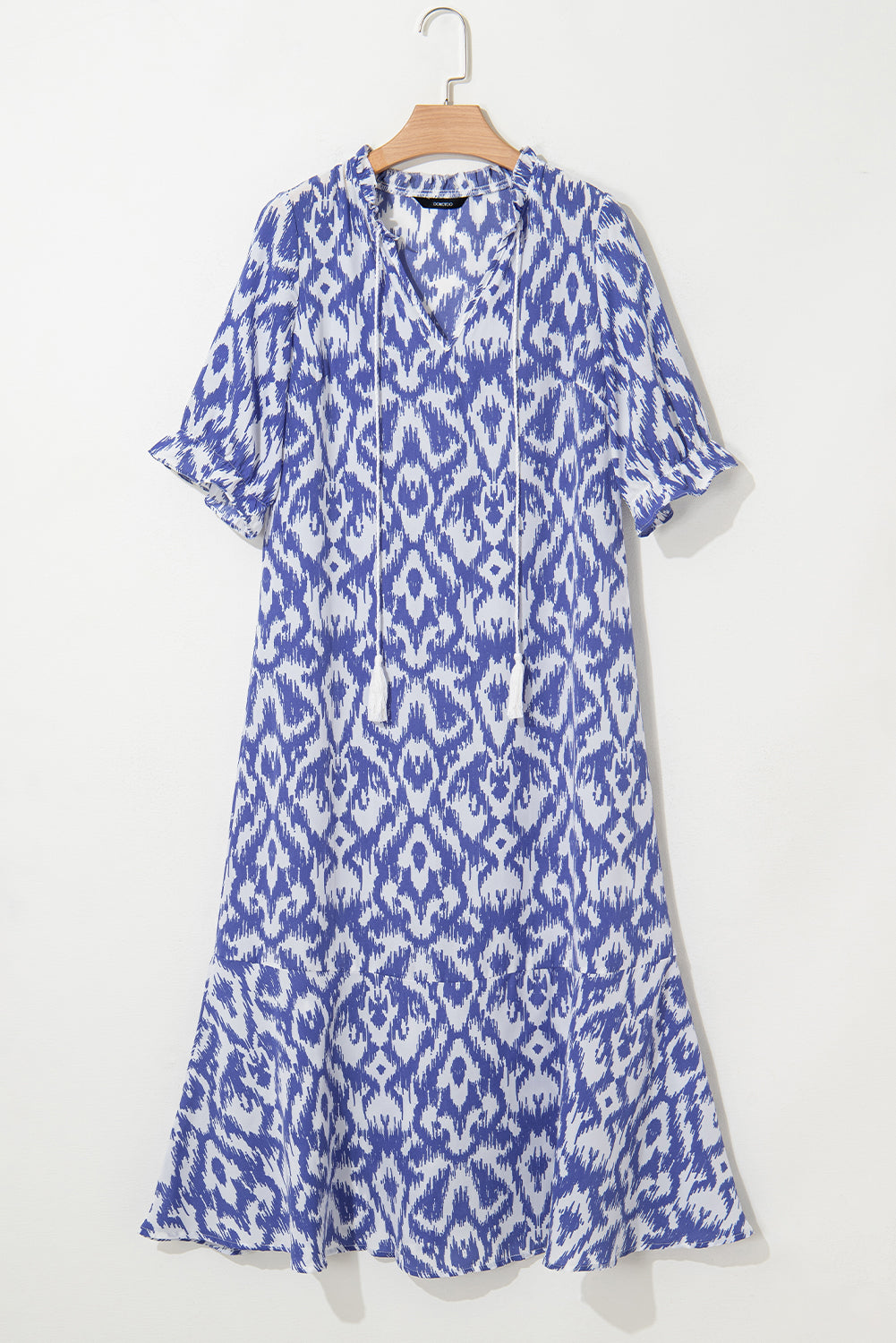 Sky Blue Geometric Print V Neck Casual Long Dress Maxi Dresses JT's Designer Fashion