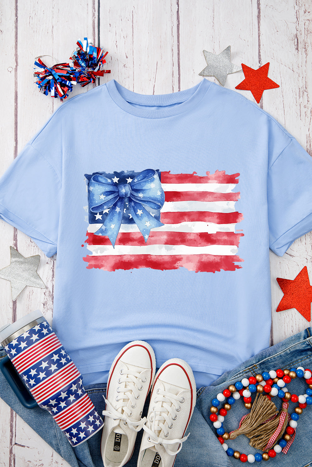 Myosotis American Flag Bow Knot Print Half Sleeve T Shirt Graphic Tees JT's Designer Fashion