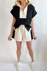 Black Contrast Zipped Stand Collared T Shirt and Short Set Short Sets JT's Designer Fashion