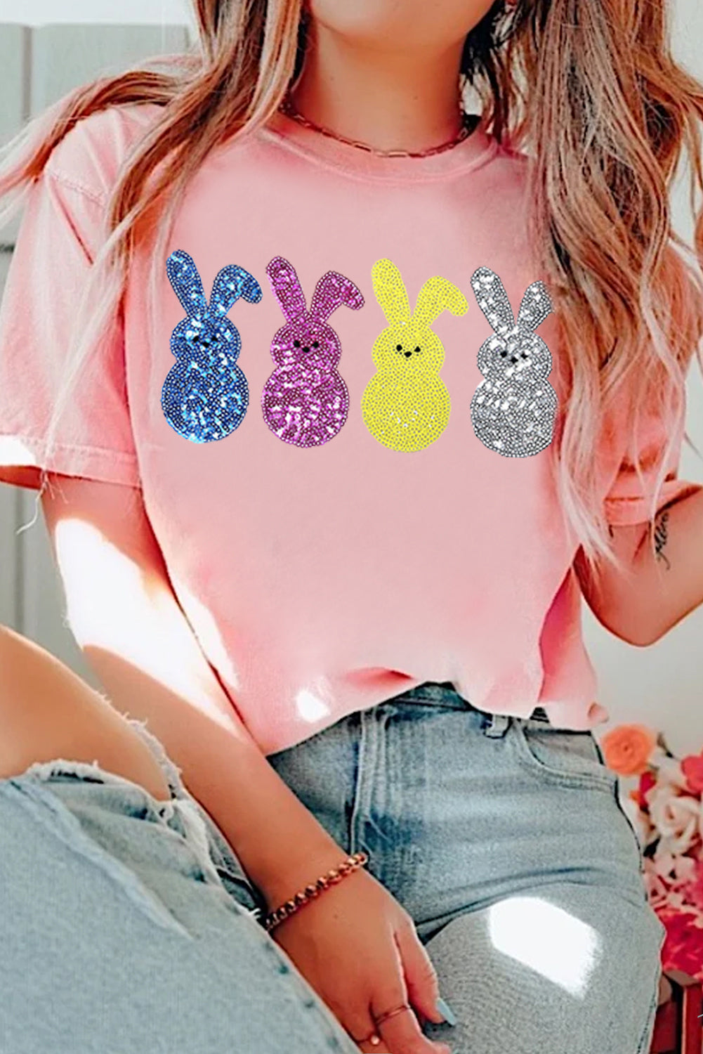 Pink Sequin Cute Bunny Graphic Easter Fashion Tee Graphic Tees JT's Designer Fashion