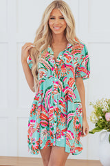 Green Abstract Print Lace-up High Waist Buttoned Mini Dress Mini Dresses JT's Designer Fashion