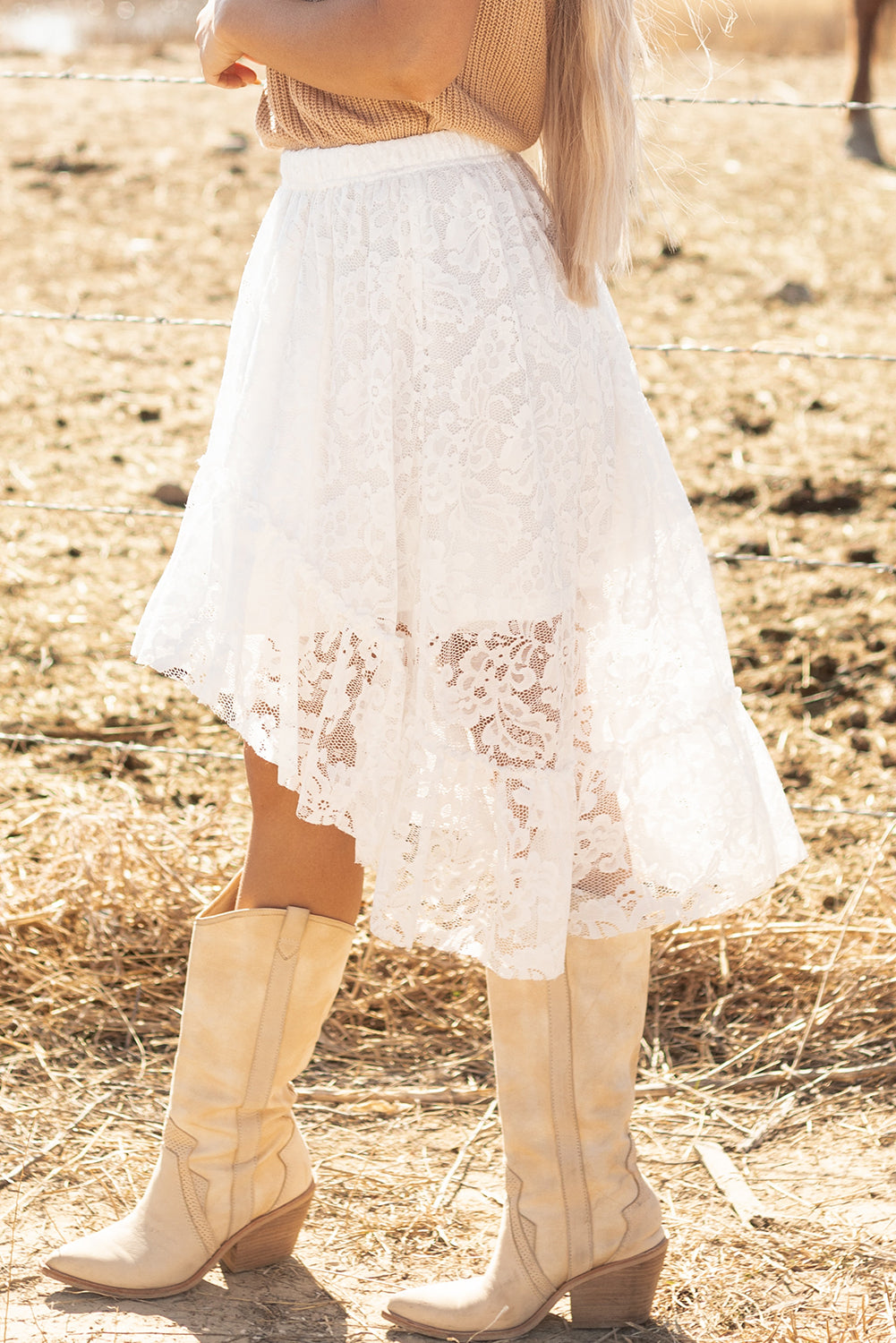 White Lace Ruffled High-low Hem Midi Skirt Skirts & Petticoat JT's Designer Fashion