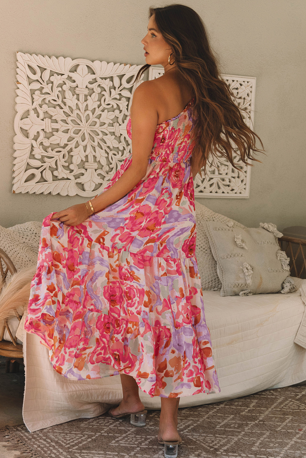 Pink Abstract Floral Print Shirred One Shoulder Maxi Dress Floral Dresses JT's Designer Fashion