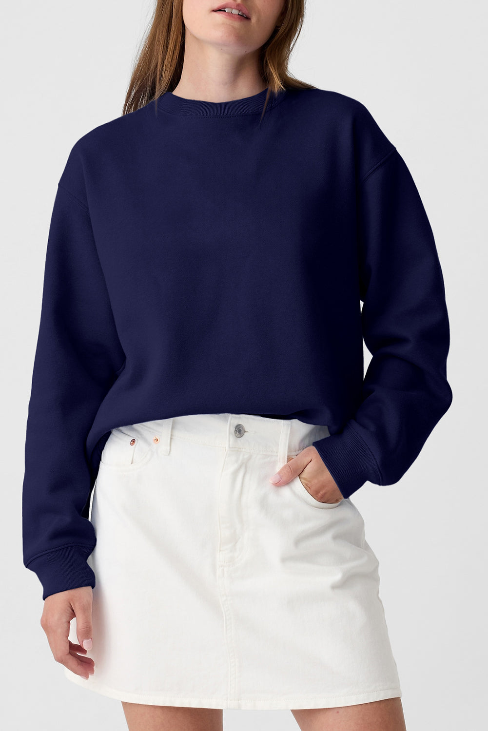 Navy Blue Solid Fleece Lined Drop Shoulder Terry Sweatshirt Sweatshirts & Hoodies JT's Designer Fashion