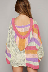 Pink Oversized Colorblock V Neck Hooded Sweater Sweaters JT's Designer Fashion