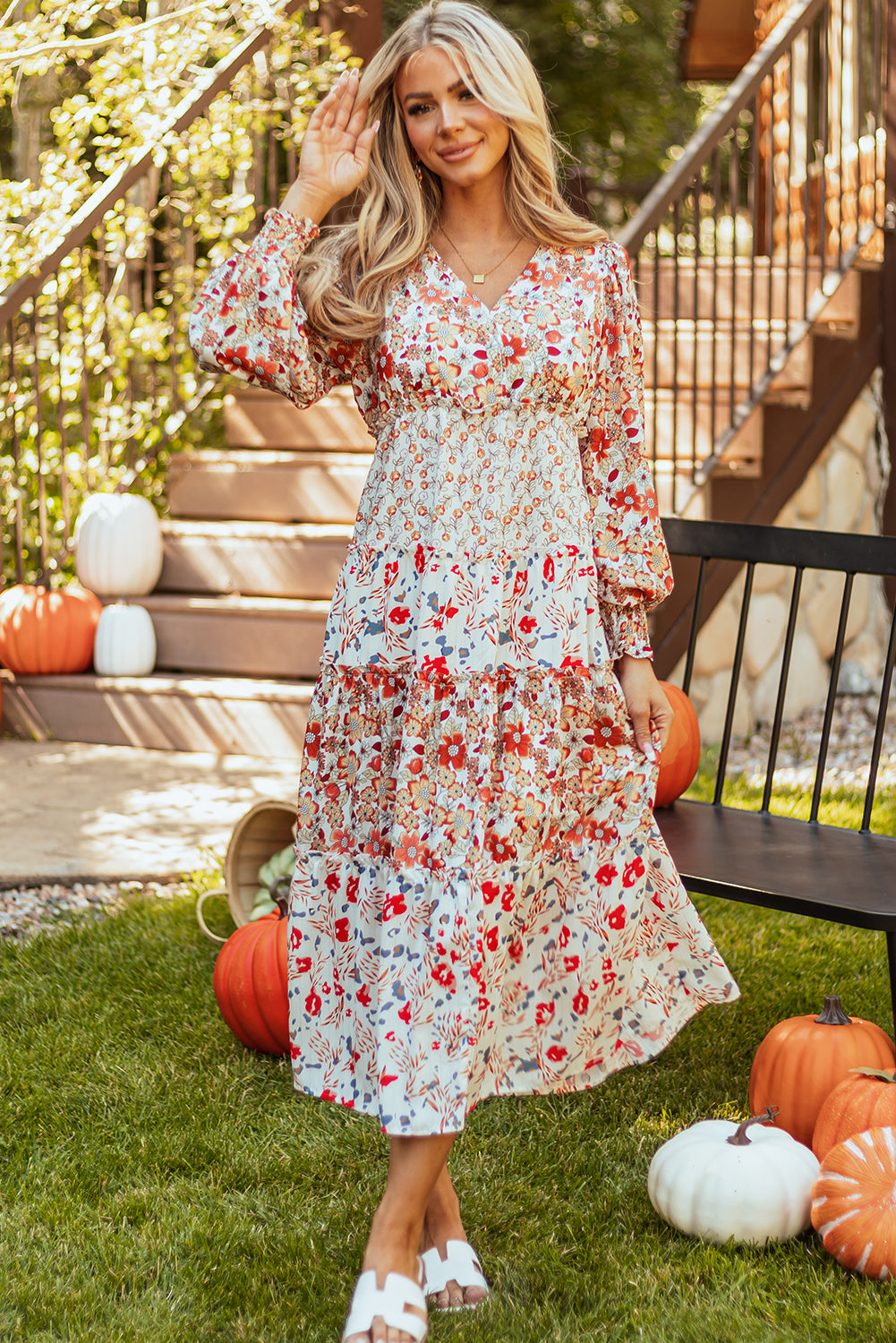 Khaki Floral Print Ruffled Tiered Long Sleeve V Neck Midi Dress Floral Dresses JT's Designer Fashion