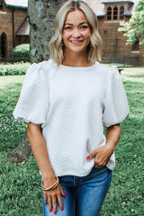 White Solid Textured O Neck Puff Sleeve Blouse Blouses & Shirts JT's Designer Fashion