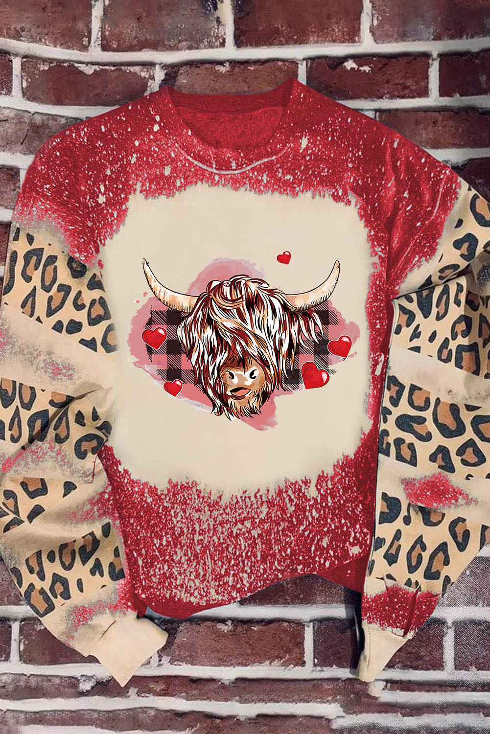 Fiery Red Valentines Heifer Graphic Print Leopard Bleached Sweatshirt Graphic Sweatshirts JT's Designer Fashion