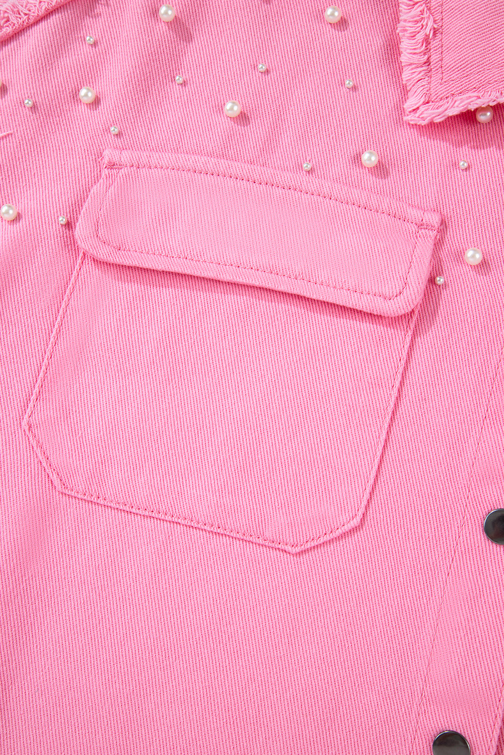 Bonbon Pearl Beaded Raw Hem Button Up Denim Jacket Denim Jackets JT's Designer Fashion