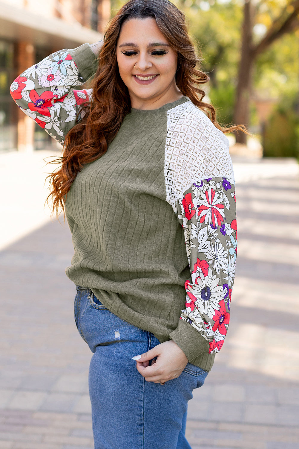 Vineyard Green Plus Size Textured Floral Patchwork Raglan Sleeve Blouse Plus Size Blouses & Shirts JT's Designer Fashion