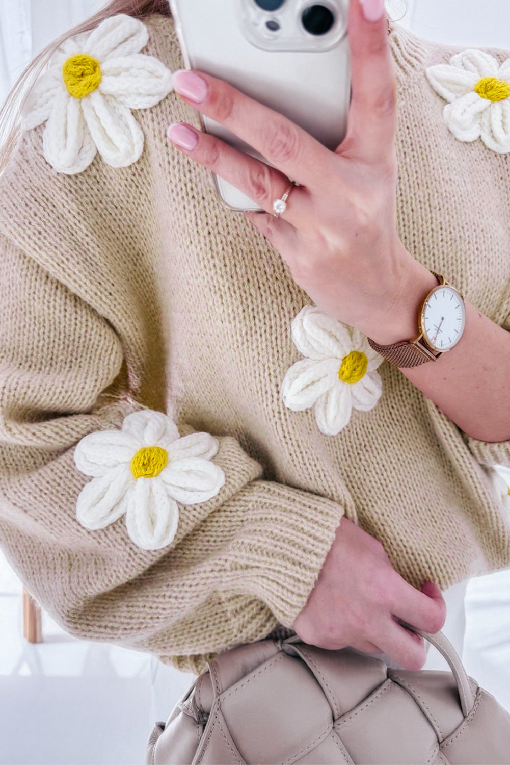Parchment Floral Crochet Chunky Knit Sweater Sweaters JT's Designer Fashion