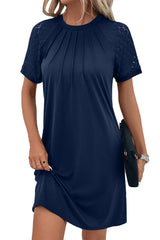 Navy Blue Contrast Lace Raglan Sleeve Pleated Detail Shift Dress T Shirt Dresses JT's Designer Fashion