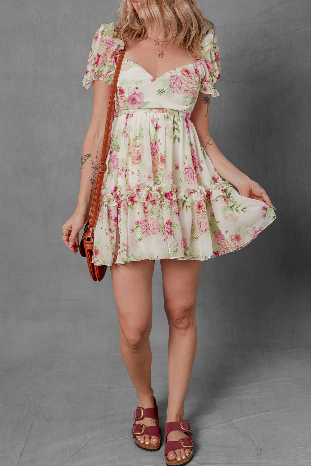 White Vibrant Floral Bubble Sleeve Sweetheart Neck Ruffle Mini Dress Floral Dresses JT's Designer Fashion