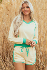 White Contrast Trim Colorblock Long Sleeve Pullover and Drawstring Shorts 2pcs Outfit Short Sets JT's Designer Fashion