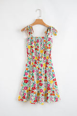 Red Floral Knotted Straps Cinched Waist Ruffle Hem Mini Dress Floral Dresses JT's Designer Fashion