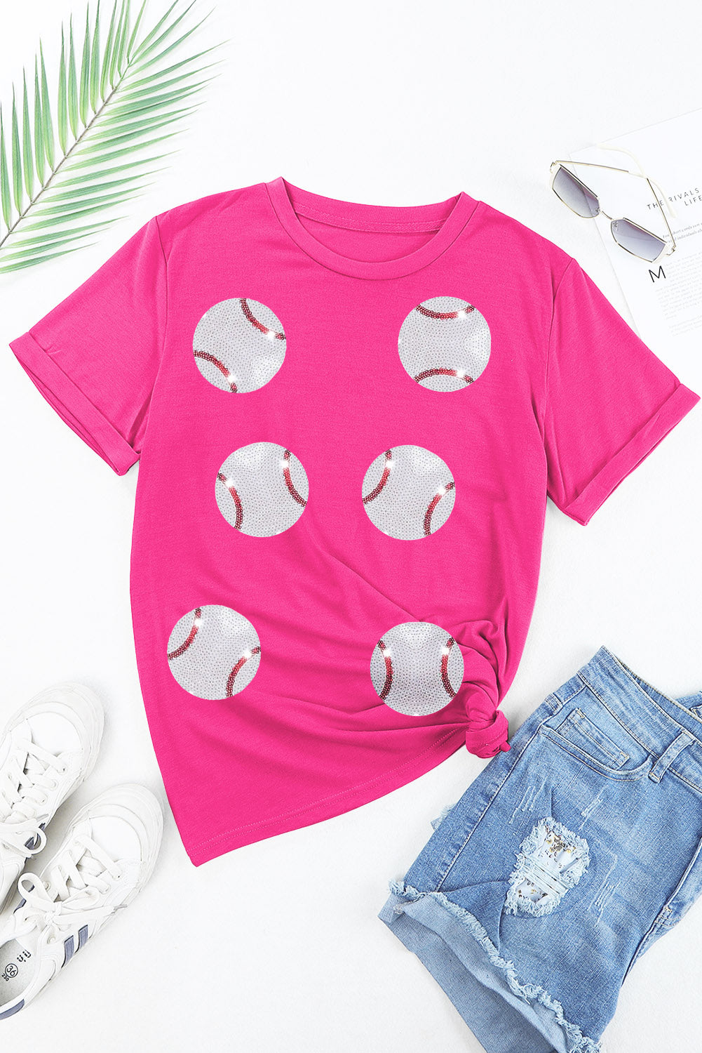 Rose Red Sequined Baseball Graphic Cotton T Shirt Graphic Tees JT's Designer Fashion