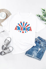 White AMERICA Star Graphic Round Neck Tee Graphic Tees JT's Designer Fashion