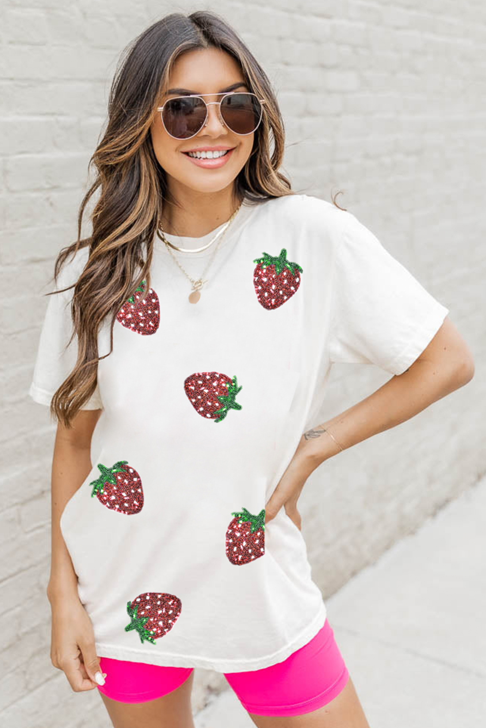 White Sequin Strawberry Patched Crew Neck T Shirt Graphic Tees JT's Designer Fashion
