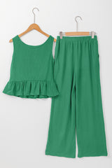 Green Solid Color Ribbed Ruffle Tank Top and Pants Set Pant Sets JT's Designer Fashion