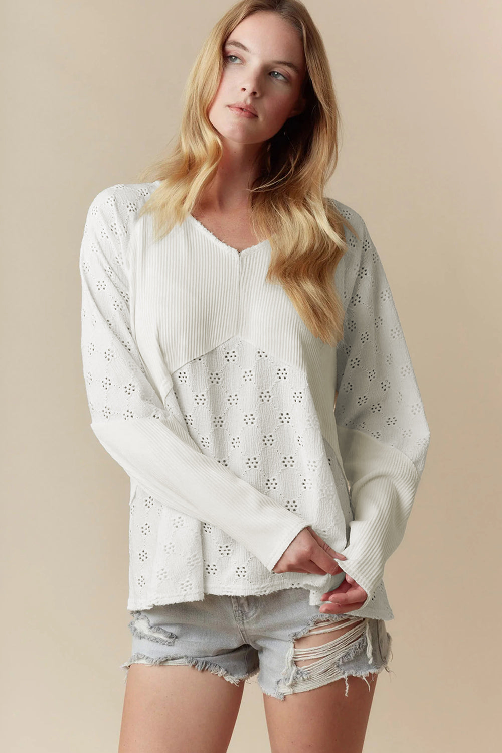 White Twisted Rib Patchwork Embroidered Loose V Neck Long Sleeve Top Blouses & Shirts JT's Designer Fashion