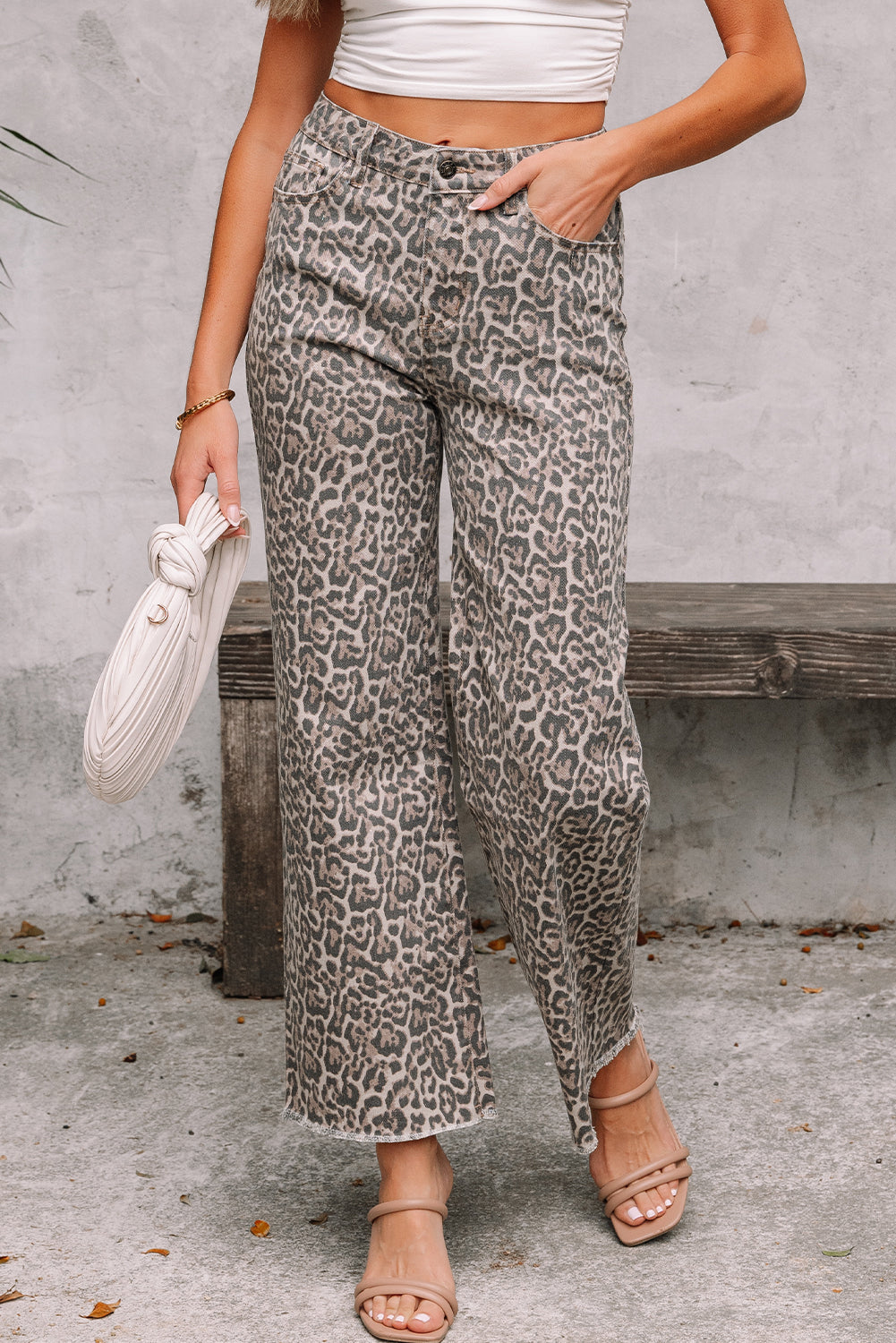 Brown Leopard Frayed Edge Wide Leg High Waist Jeans Jeans JT's Designer Fashion