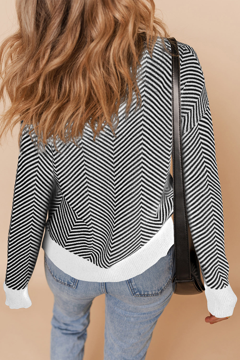 Black Stripe Buttoned Front V Neck Herringbone Cardigan Cardigans JT's Designer Fashion