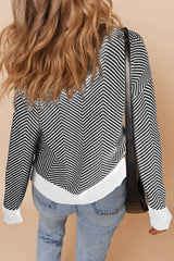 Black Stripe Buttoned Front V Neck Herringbone Cardigan Cardigans JT's Designer Fashion