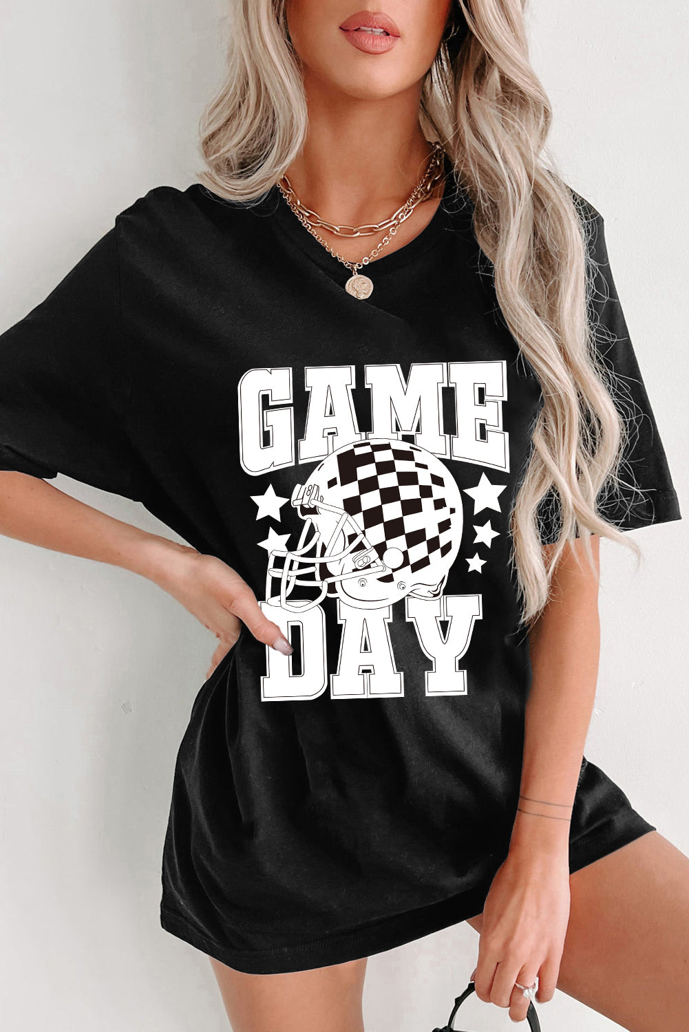 Black GAME DAY Checkerboard Rugby Football Helmet T Shirt Graphic Tees JT's Designer Fashion