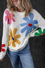 White Colorful Big Flower Pattern Crewneck Sweater Sweaters JT's Designer Fashion