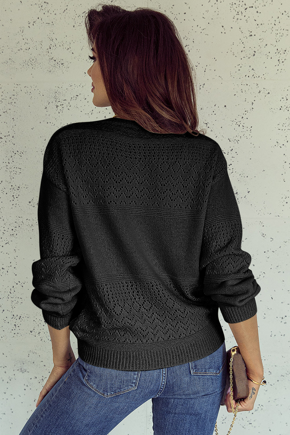 Black Eyelet Pattern Detail V Neck Drop Shoulder Sweater Sweaters JT's Designer Fashion