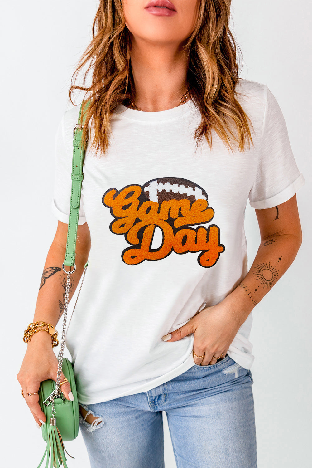 White Chenille Game Day Rugby Football Pattern Crewneck T Shirt Graphic Tees JT's Designer Fashion