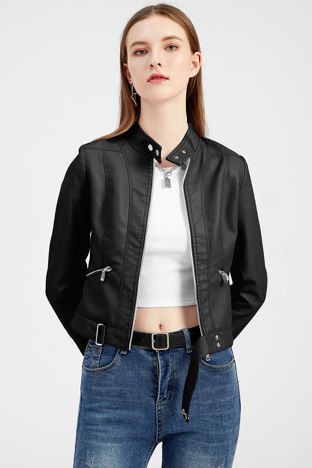 Black Faux Leather Snap Button Stand Neck Zipped Pocket Jacket Jackets JT's Designer Fashion