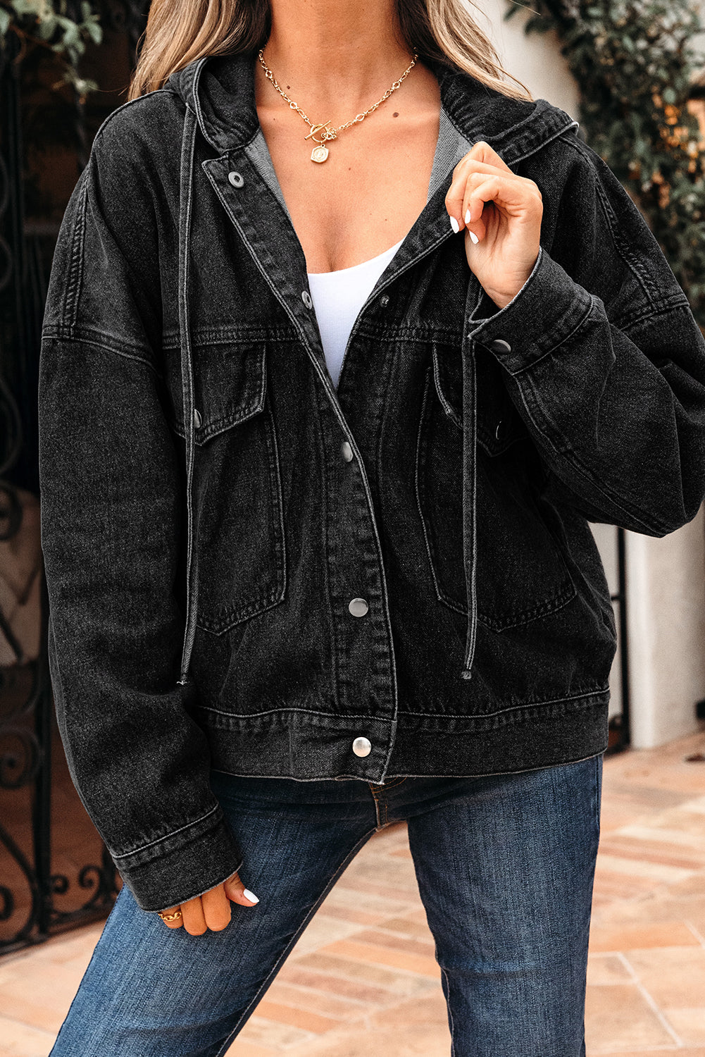 Black Big Chest Pocket Drop Shoulder Hooded Denim Jacket Denim Jackets JT's Designer Fashion