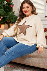 Beige Star Shape Studded Crew Neck Plus Size T Shirt Plus Size Long Sleeve Tops JT's Designer Fashion
