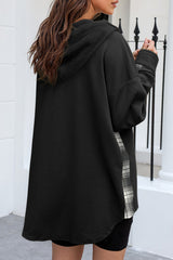 Black Waffle Knit Plaid Patchwork Drawstring Hooded Shacket Jackets JT's Designer Fashion