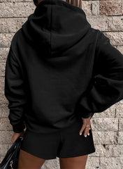 Black Button Drawstring Hooded Pullover and Casual Short Set Short Sets JT's Designer Fashion