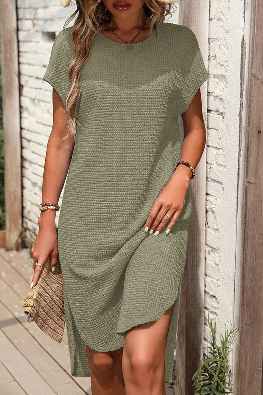 Jungle Green Waffle Texture Curved Hem Side Slit T-shirt Dress Jungle Green 65%Polyester+30%Viscose+5%Elastane T Shirt Dresses JT's Designer Fashion