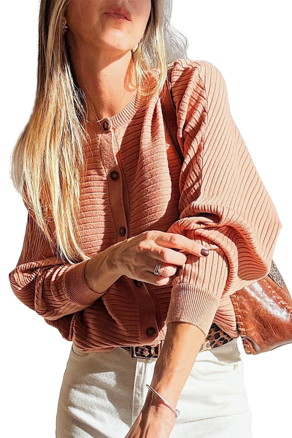 Apricot Pink Wide Rib Knit Button Front Dolman Sleeve Sweater Cardigan Cardigans JT's Designer Fashion