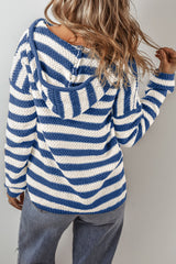 Blue Stripe V Neck Pocketed Drawstring Hooded Sweater Sweaters JT's Designer Fashion