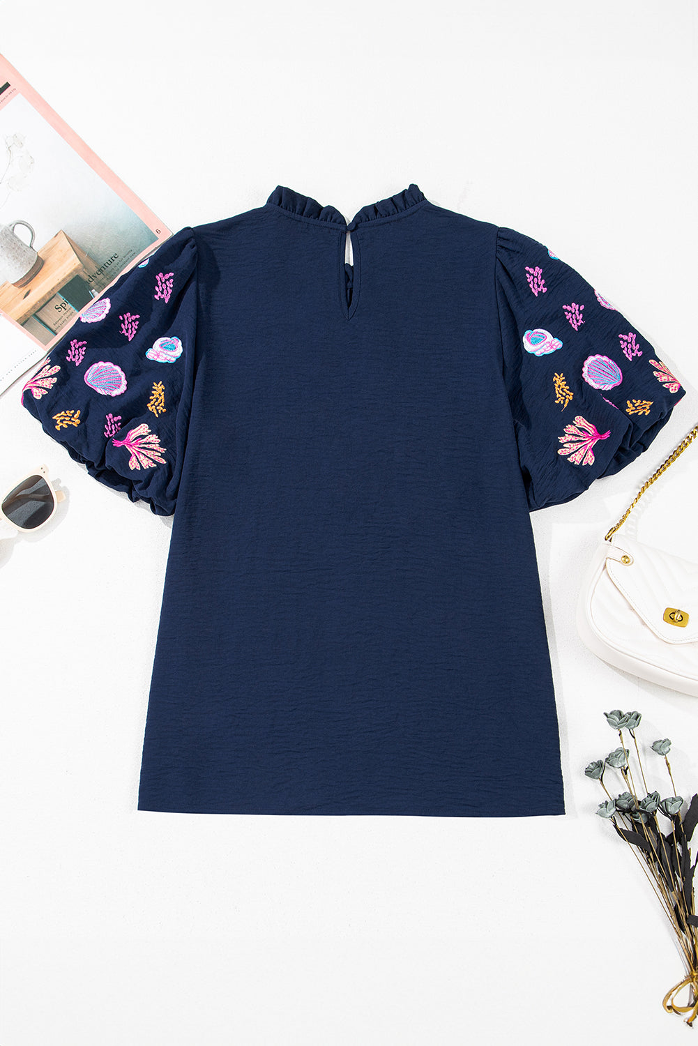 Sail Blue Shellfish Coral Embroidery Puff Sleeve Frilled Neck Blouse Blouses & Shirts JT's Designer Fashion