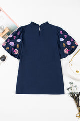 Sail Blue Shellfish Coral Embroidery Puff Sleeve Frilled Neck Blouse Blouses & Shirts JT's Designer Fashion